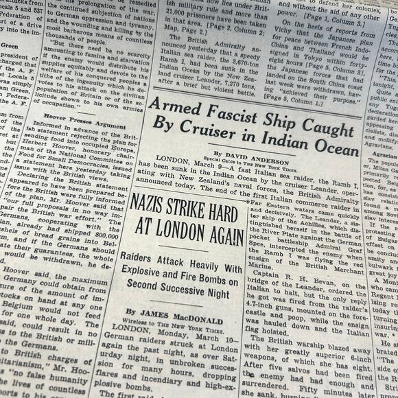 Vintage March 10, 1941 New York Times Newspaper WWII Era Collectible Certificate - Picture 7 of 16